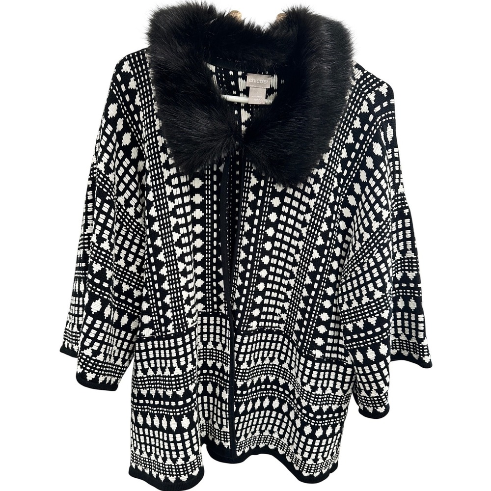 Chicos Faux Fur Collar Geometric Cardigan Sweater Black White Womens Size 4 XXL